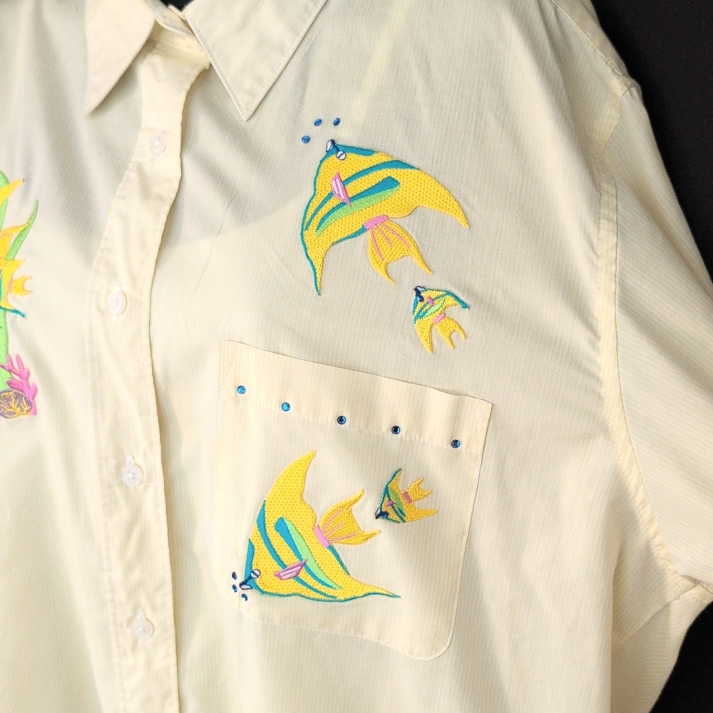 White and Butter Yellow Pinstriped Button-Up Shirt with Fish Embroidery - Picture 7 of 10